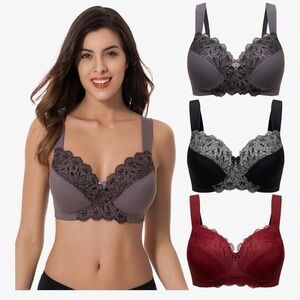 🆕 Plus Size Unlined Minimizer Wirefree Bras with Embroidery Lace-3Pack